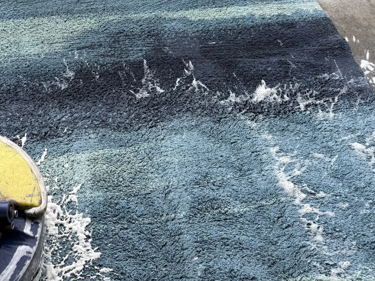 The shag rug being washed during the full immersion rotary bath