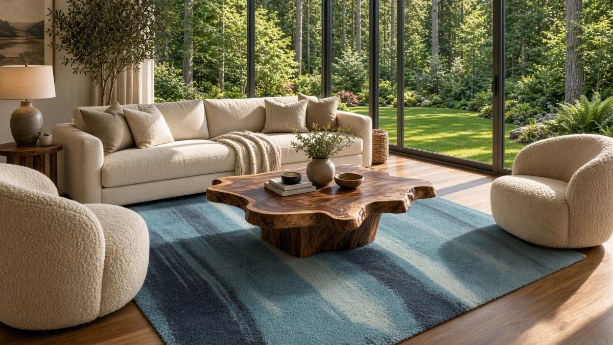 The cleaned ocean-blue shag rug back in place in the Camas living room