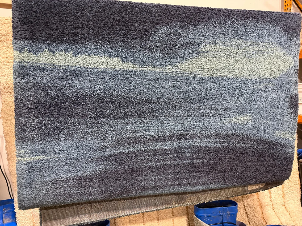 The ocean-blue shag rug hanging in our temperature and humidity-controlled drying chamber