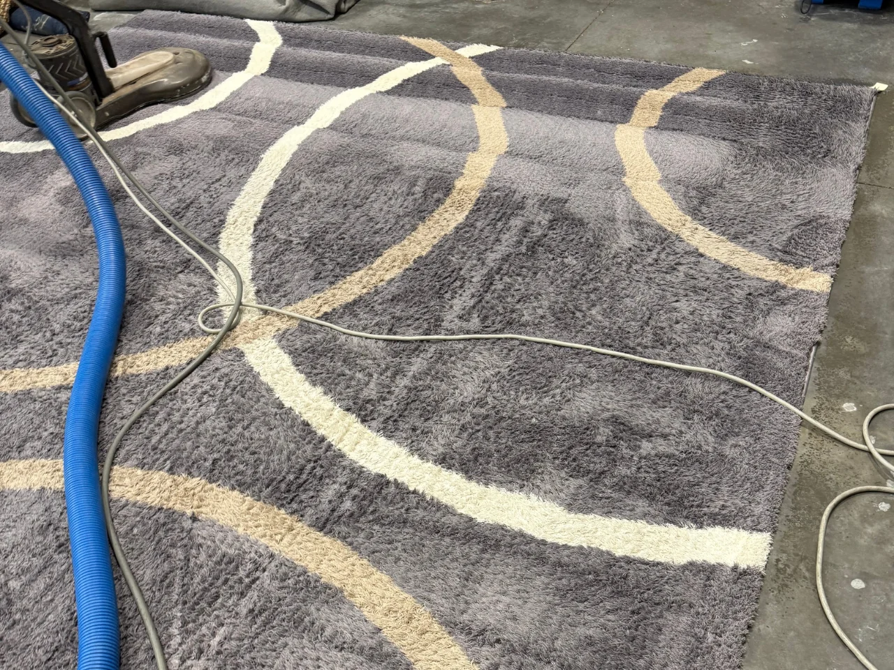 The modern gray wool rug during cleaning at the Benchmark plant, with a hose and machine on the rug