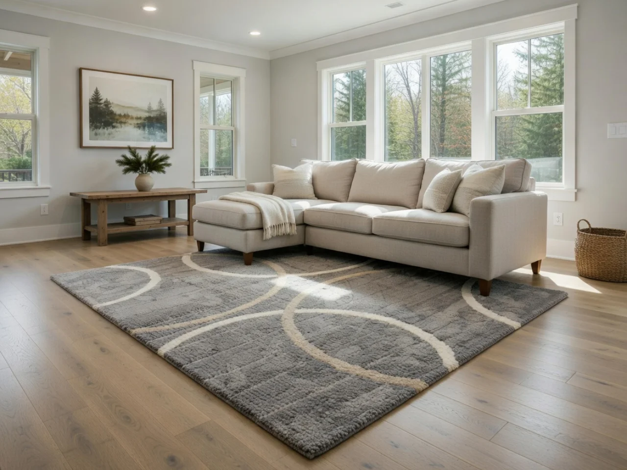 The cleaned modern gray wool rug with cream and beige arcs back in the La Center home