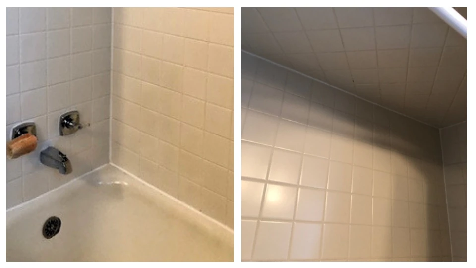 Before and after shower tile cleaning Camas WA - soap scum and hard-water deposits removed