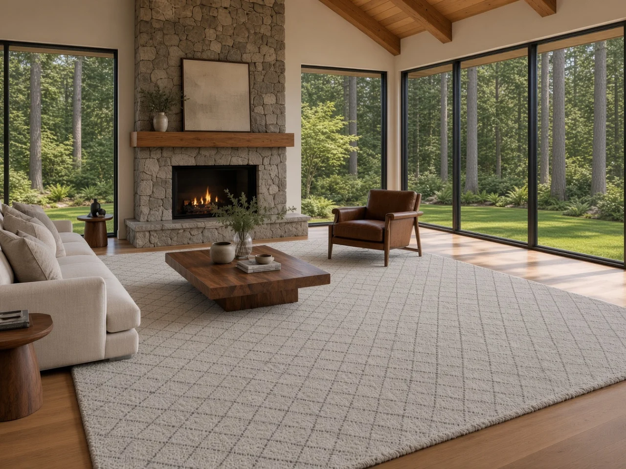 The cleaned modern wool rug back in the Lake Oswego living room