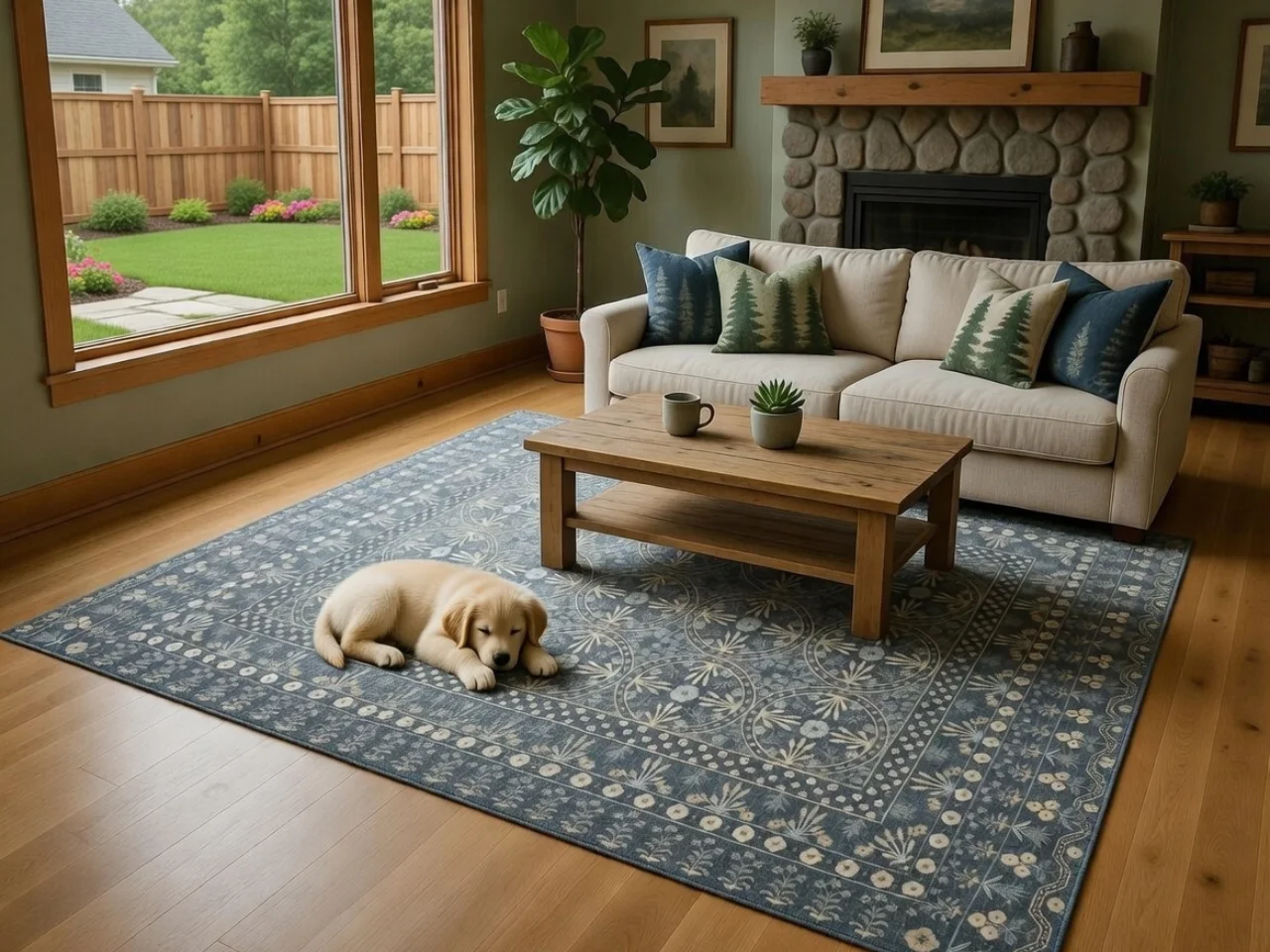 The cleaned blue and ivory wool-blend rug back in the Ridgefield home