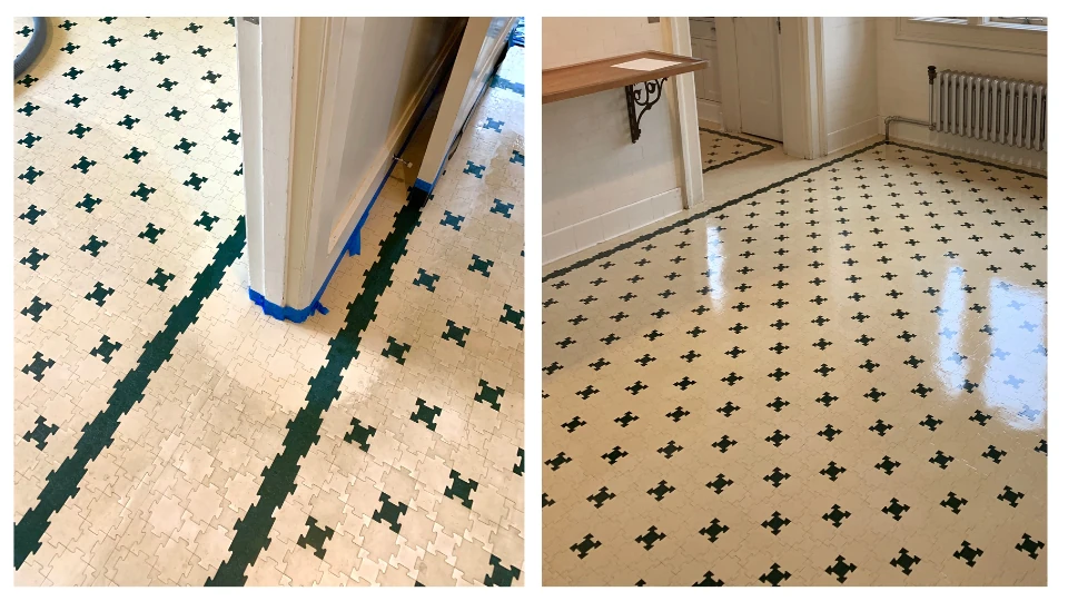 Before and after kitchen tile cleaning Portland OR - years of cooking oils removed